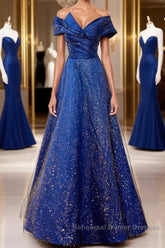 Off the Shoulder Blue Long Semi Formal Prom Dresses, Off Shoulder Long Formal Evening Dresses